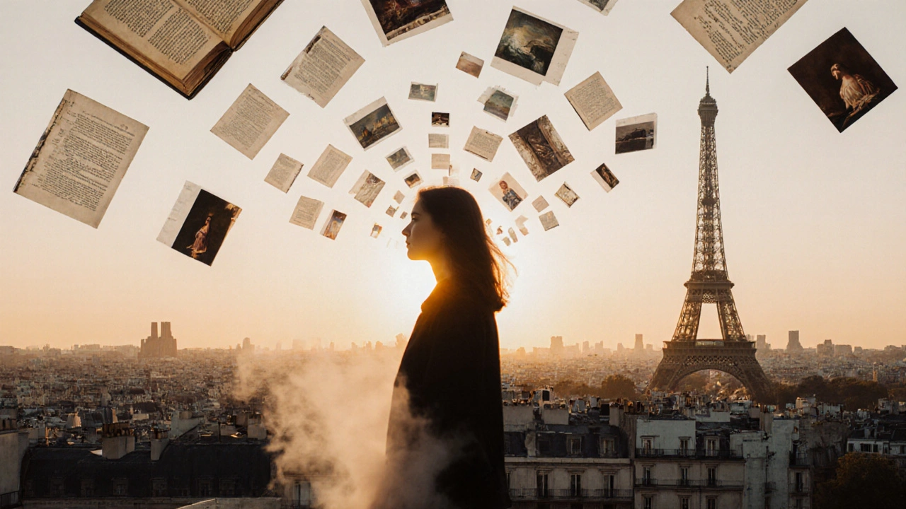 A silhouette blends with the Eiffel Tower as coffee steam and art pieces float upward at sunset.