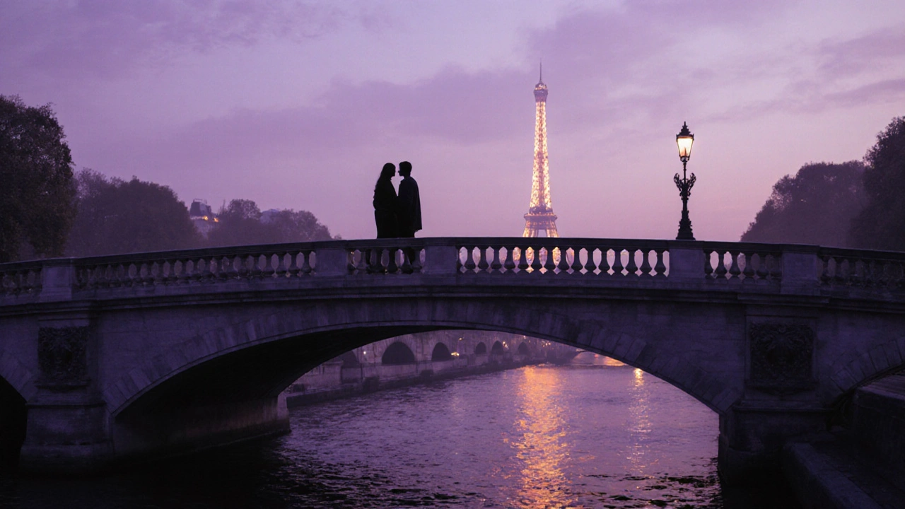 A silhouette blends with the Pont Alexandre III at dusk, the Eiffel Tower reflected in the Seine behind them.