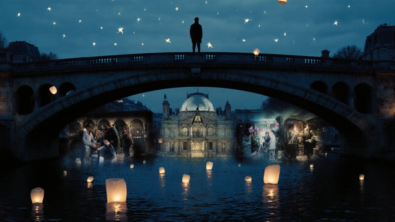 A silhouette stands on a bridge at night, with lanterns floating on the Seine.