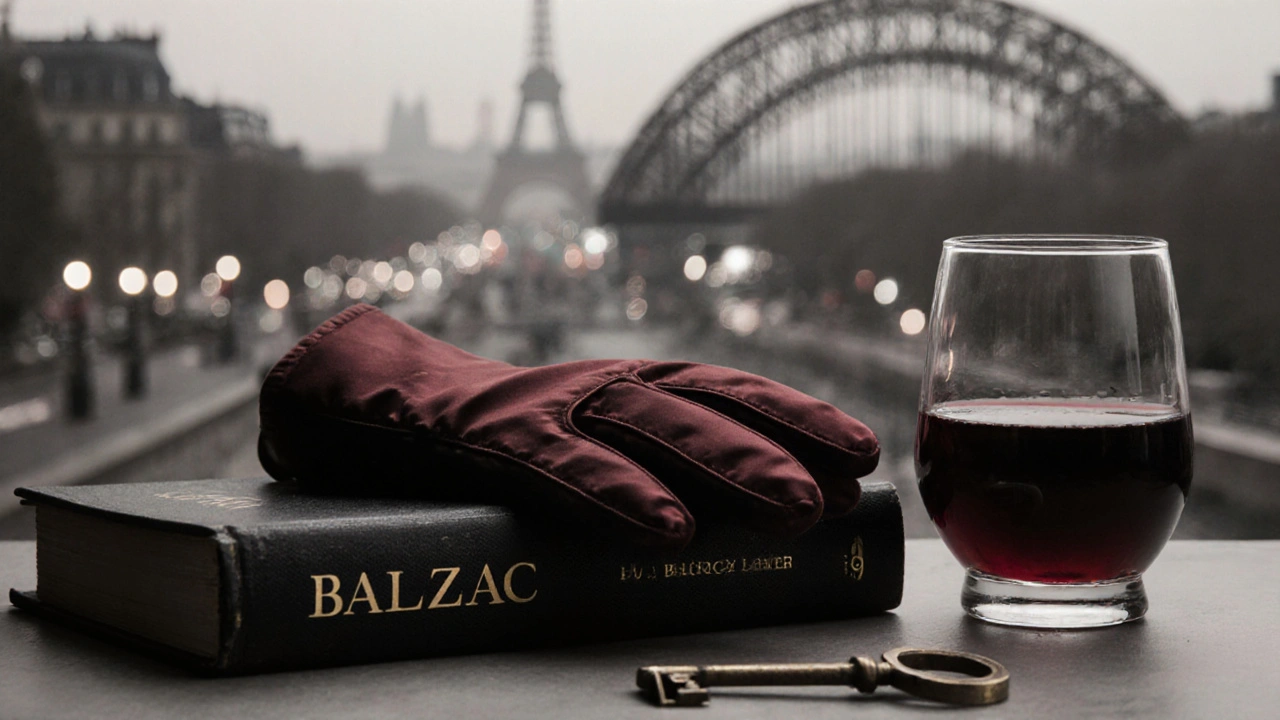 A silk glove, wine glass, and book resting together, symbolizing refined Parisian companionship.