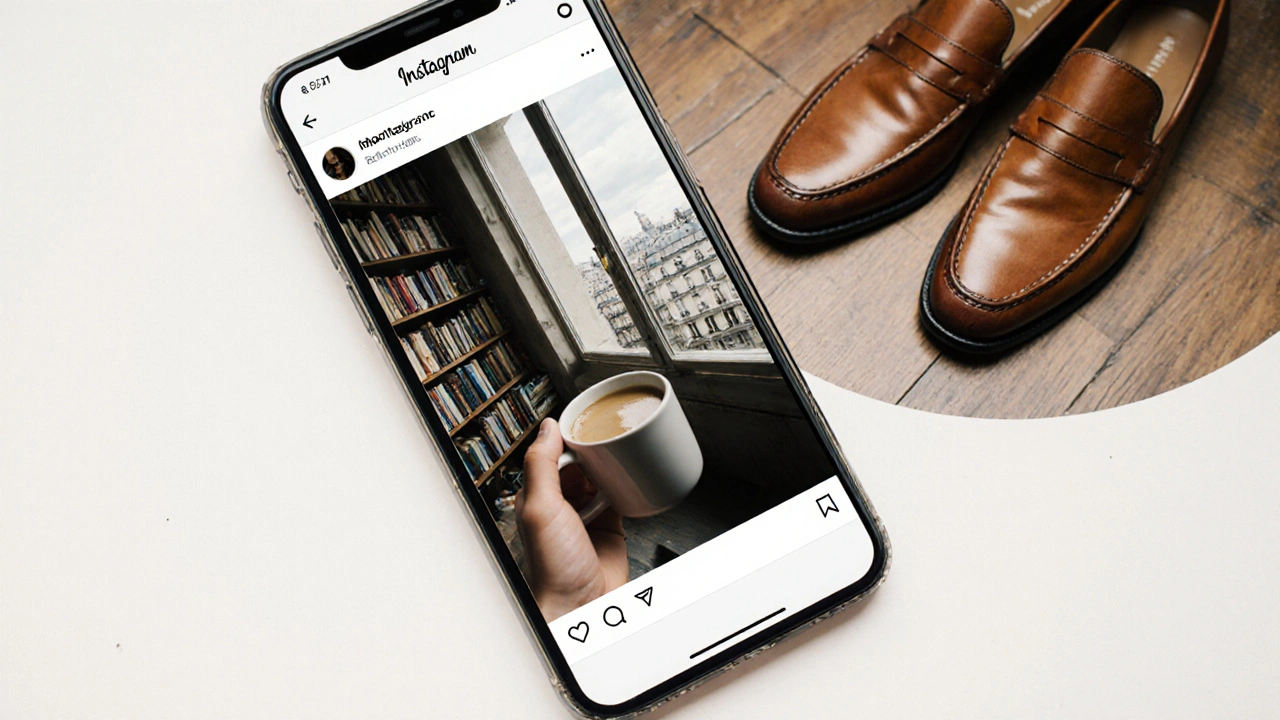 A smartphone screen showing a minimalist Instagram profile with three subtle photos: coffee cup, Paris window view, polished shoes.
