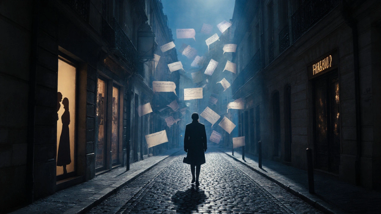 A solitary walker&#039;s shadow transforms into fragments of whispered intimate moments across Parisian alleys.