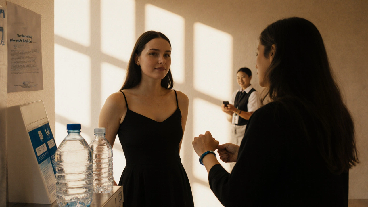 A solo woman shares a quiet, knowing smile with another visitor at a sex club, emphasizing consent and connection.