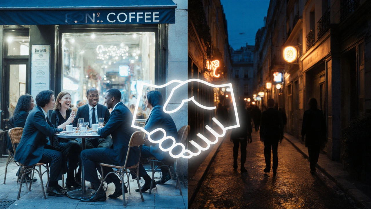 A split image showing a warm café of connected people versus a dark alley, symbolizing ethical companionship vs. exploitation.
