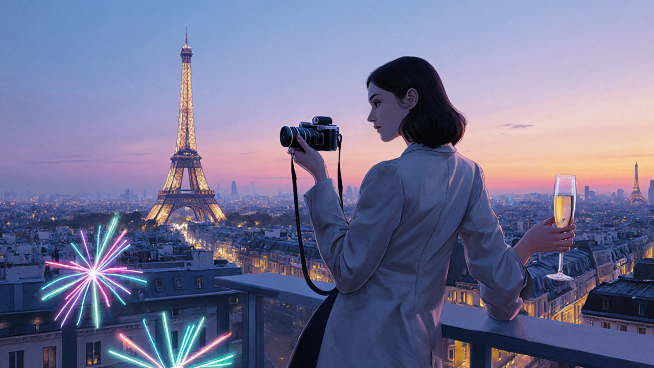 A stylish woman on a rooftop terrace at dusk, overlooking the lit-up Eiffel Tower with a camera in hand.