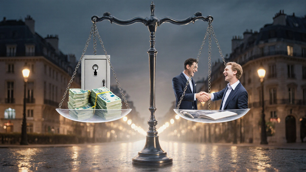 A symbolic scale balancing money and a locked door against an open book and human connection under Paris lights.