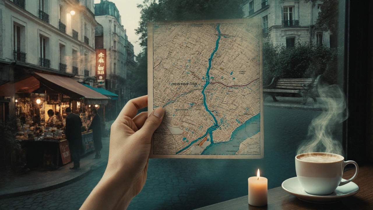 A vintage Paris metro map overlaid with subtle scenes of local life—jazz, markets, gardens—fading into twilight haze.