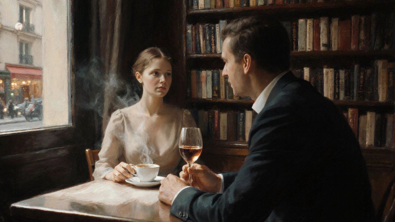A woman and man share a quiet moment in a cozy Parisian bookstore café.