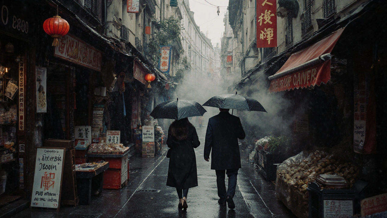 A woman and man walking together through a rainy market alley in the 13th arrondissement, passing pho stalls and lantern-lit shops.