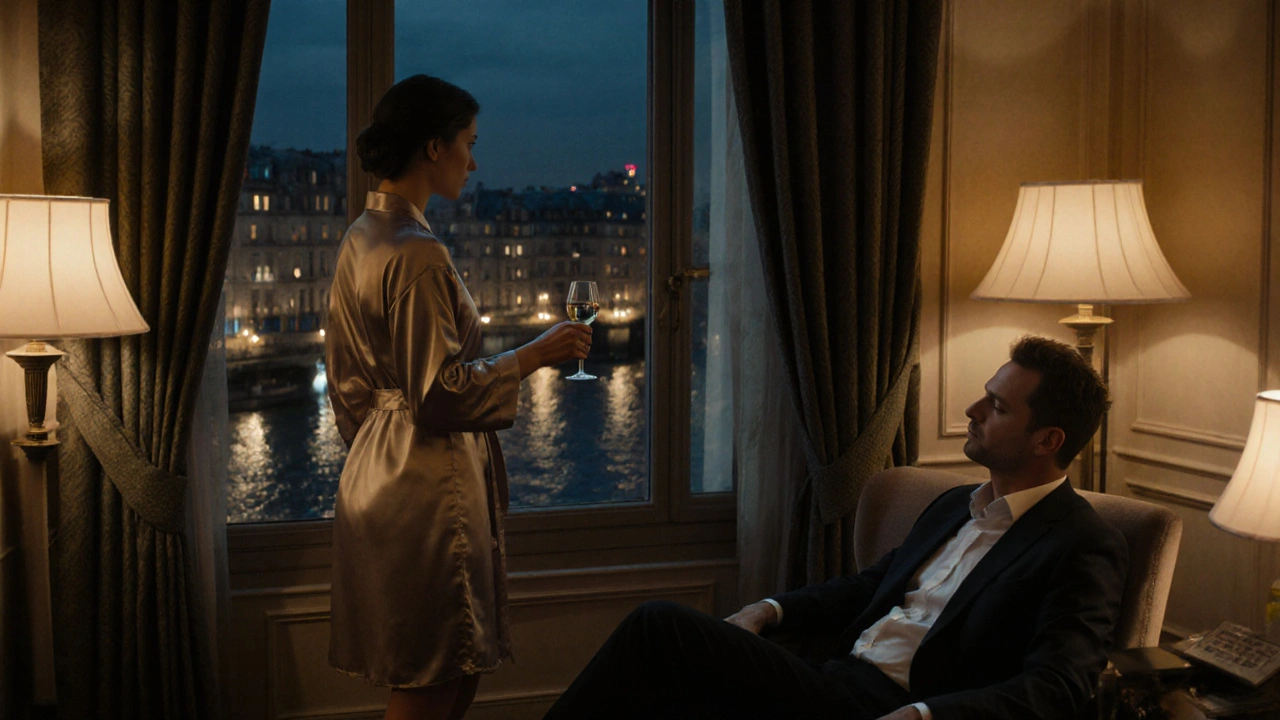 A woman in a silk robe standing by a hotel window in Paris, city lights glowing outside, elegant and discreet ambiance.