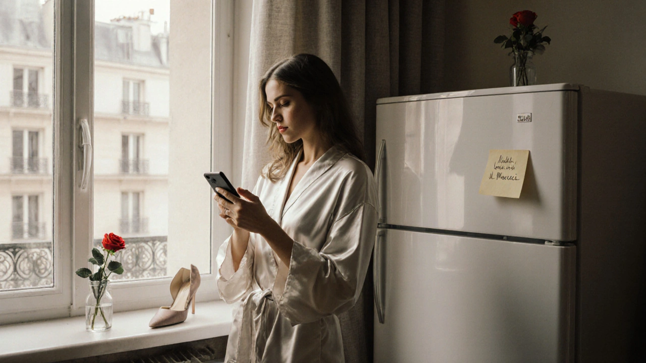 A woman in a silk robe standing by a window in a Paris apartment, morning light, suitcase open nearby.