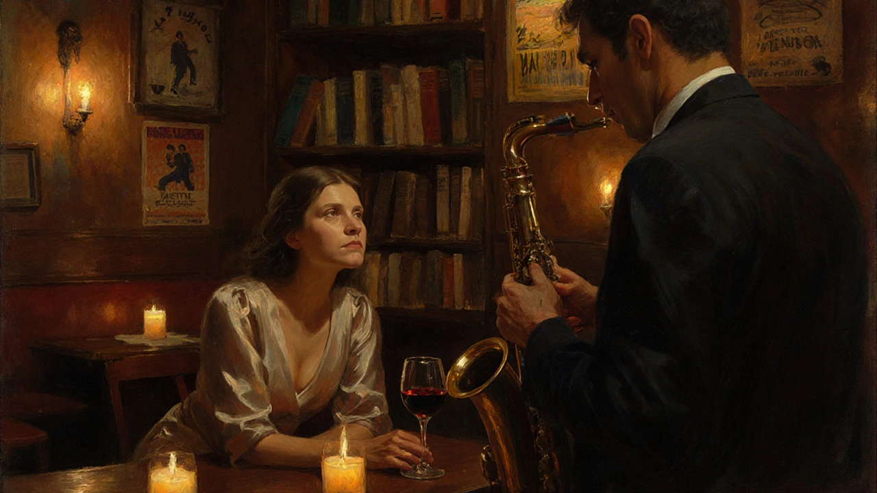 A woman listens intently to a saxophone player in a cozy, candlelit jazz club in the Latin Quarter.