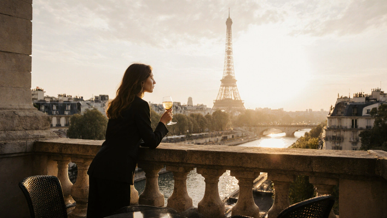 A woman on a rooftop terrace in Saint-Germain, gazing at the Seine at sunset.