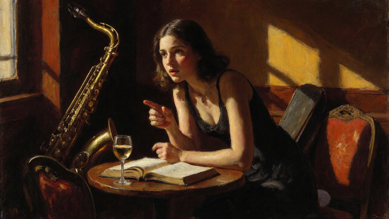 A woman shares a quiet moment in a dim jazz bar, wine and book on the table beside her.