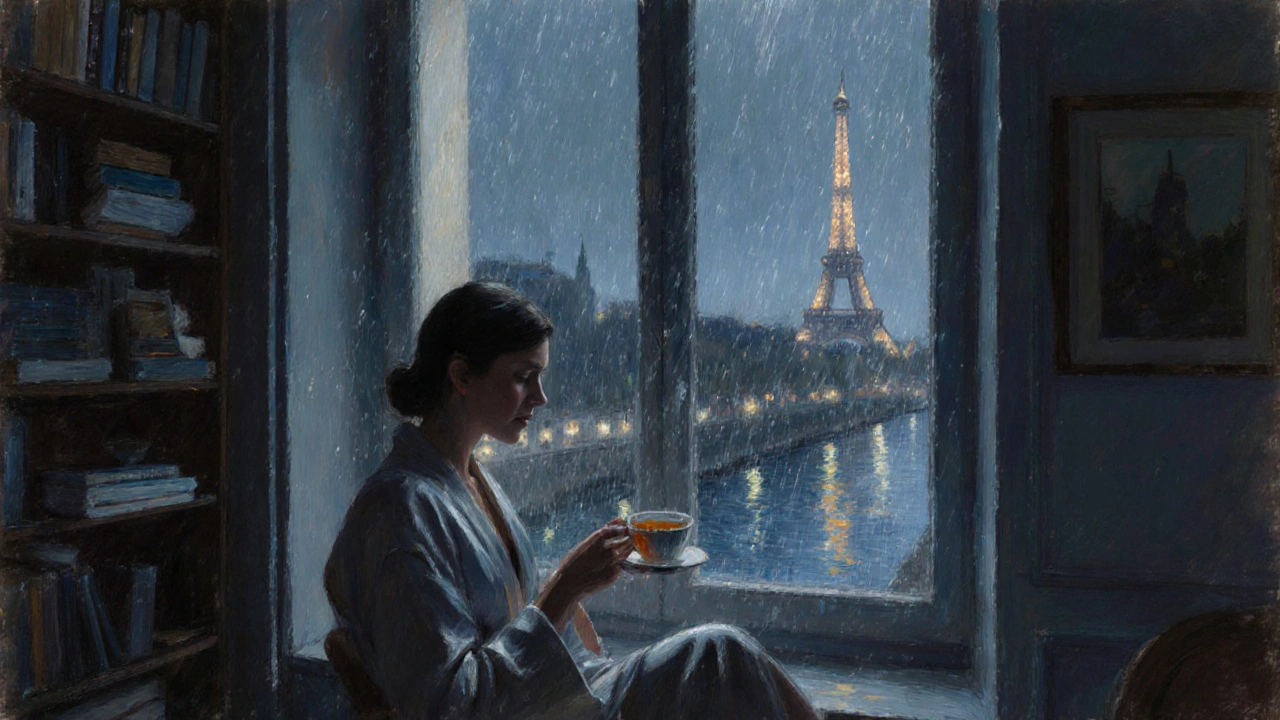A woman sits by a rain-streaked window at night, tea in hand, Eiffel Tower twinkling softly in the distance.