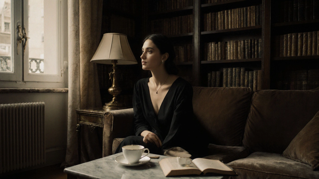 A woman sitting quietly on a velvet sofa in a softly lit Paris apartment, holding a teacup beside an open book.