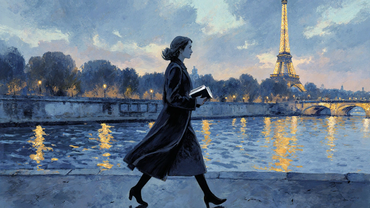 A woman walking alone along the Seine at dusk, holding a book, city lights reflecting on the water.