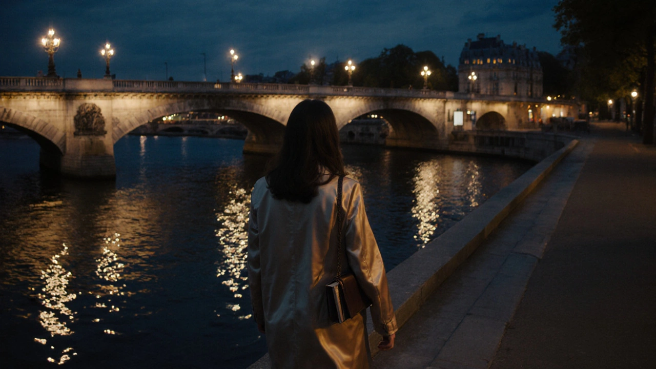 A woman walking alone along the Seine at twilight, book in hand, under glowing bridge lights.