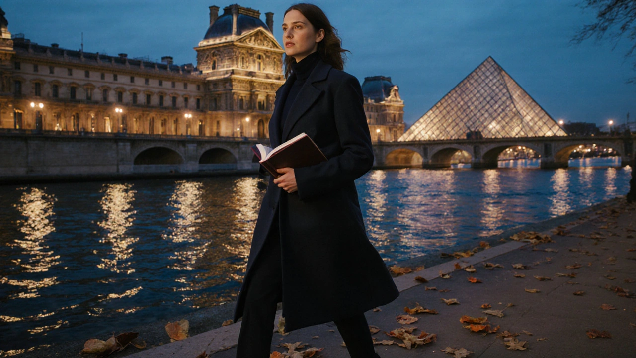 A woman walking along the Seine at sunset, holding a book, with the Louvre in the background.