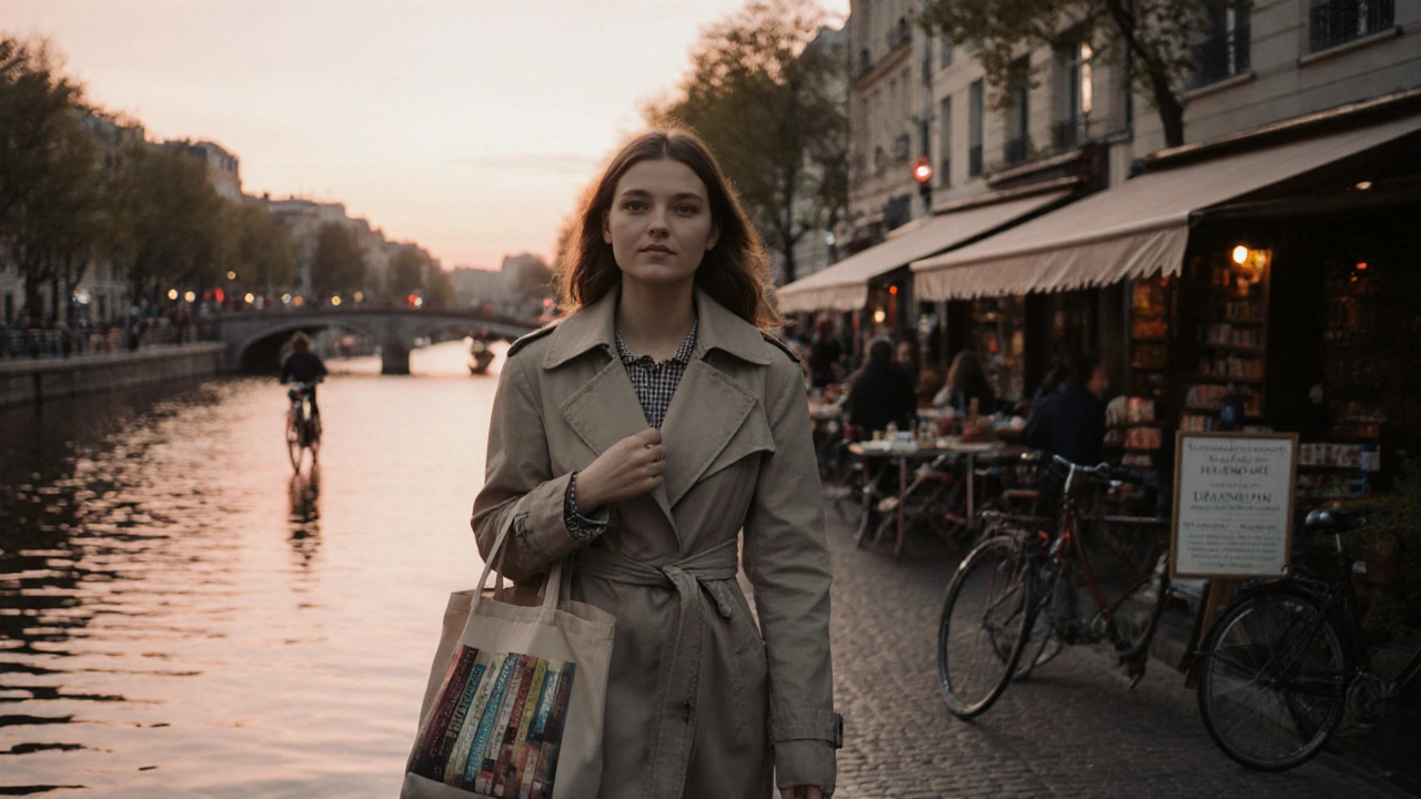 A young woman walking along the Canal Saint-Martin at sunset, trench coat, tote bag, peaceful urban atmosphere.