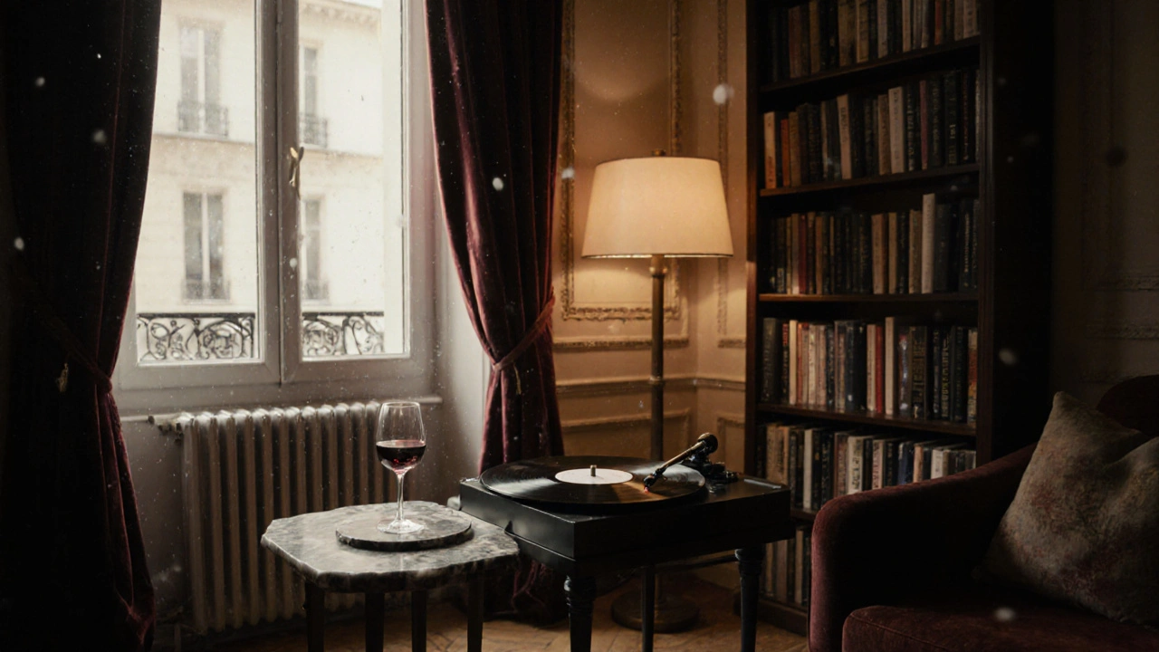 An elegant private apartment with jazz music, wine, and art books in warm ambient lighting.