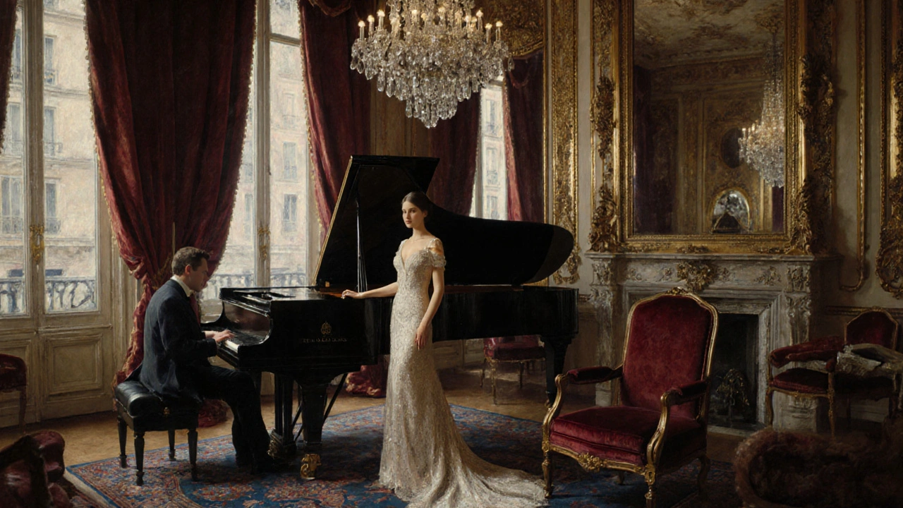 An elegant salon with velvet drapes and chandeliers, a woman near a piano as a man listens.