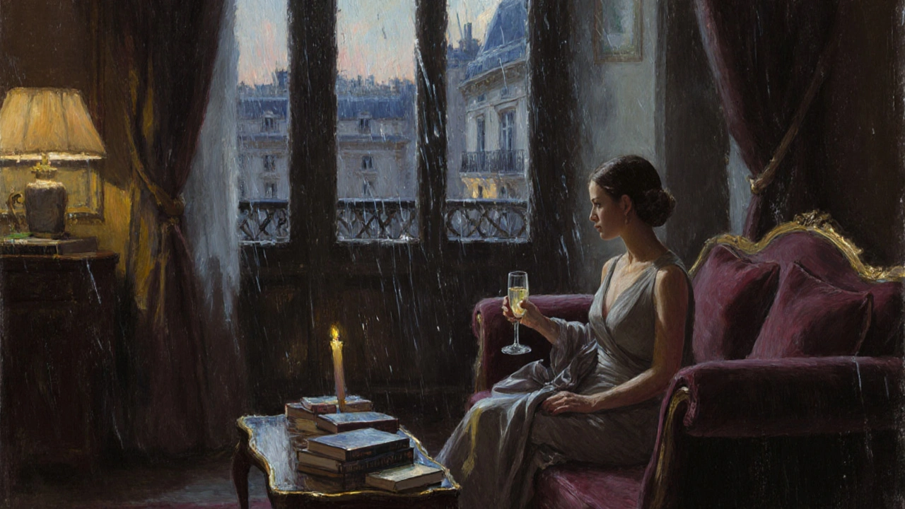 An elegant woman sits quietly on a velvet sofa with champagne, rain falling outside a Parisian window.