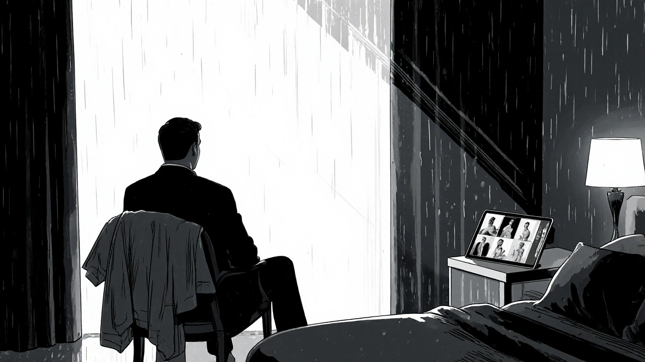 An empty hotel room with a silk robe on a chair and a tablet showing artistic photos, rain on the window, conveying quiet reflection and discretion.