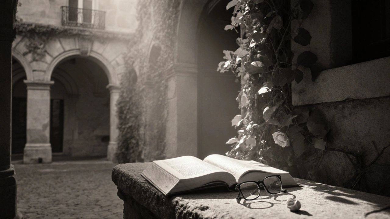 An open book and reading glasses rest on a stone bench in a quiet Paris 6 courtyard, a rose petal nearby.
