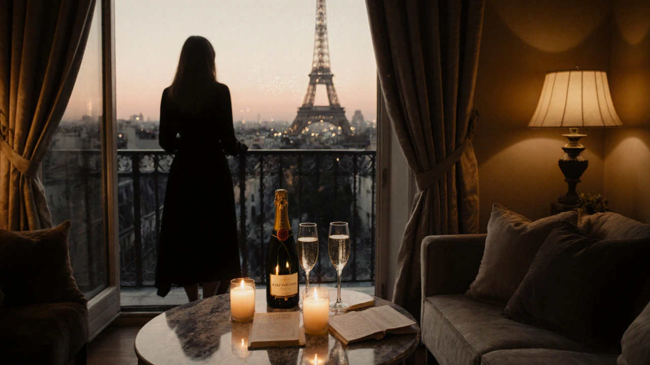 Candlelit rooftop apartment in Paris with champagne, novel, and Eiffel Tower glowing in the distance.