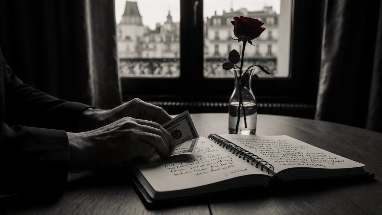 Cash and a notebook with Paris recommendations on a hotel room table, a rose beside them.