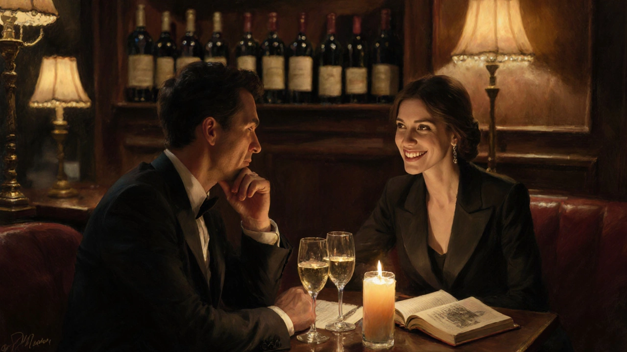 Couple in intimate candlelit wine bar in Saint-Germain, champagne and book on table.