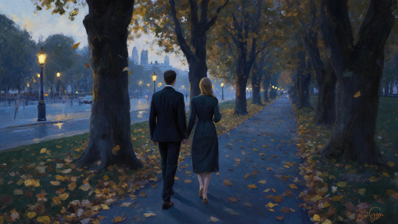Couple walking peacefully through Bois de Boulogne at dusk, autumn leaves falling around them.