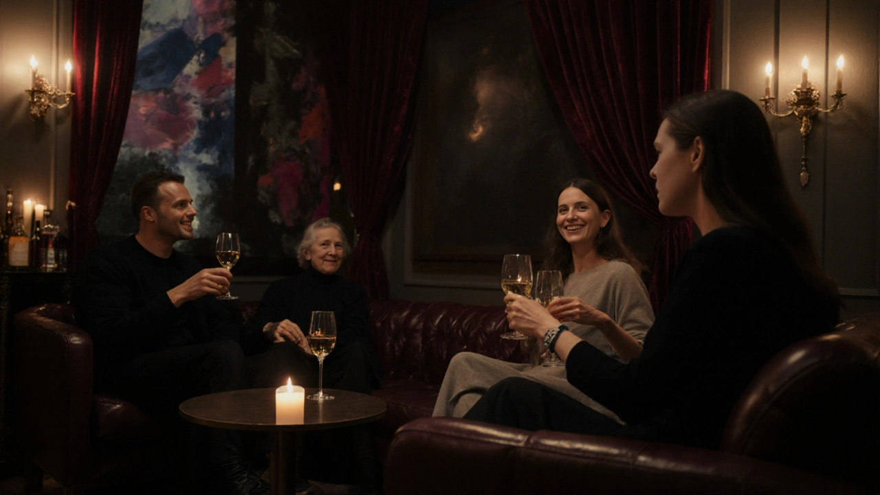 Couples converse quietly in a candlelit lounge, elegant and respectful, no nudity present.