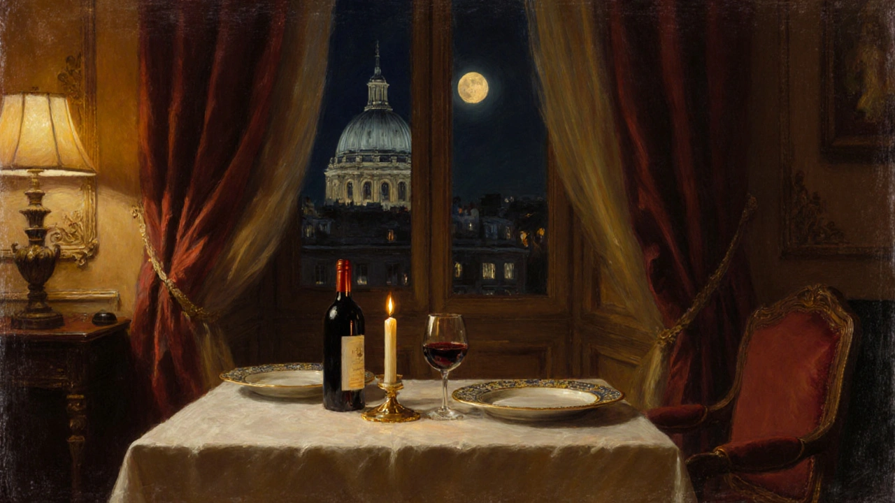 Elegant private dining setting in a Paris apartment with candlelight and view of Les Invalides dome.