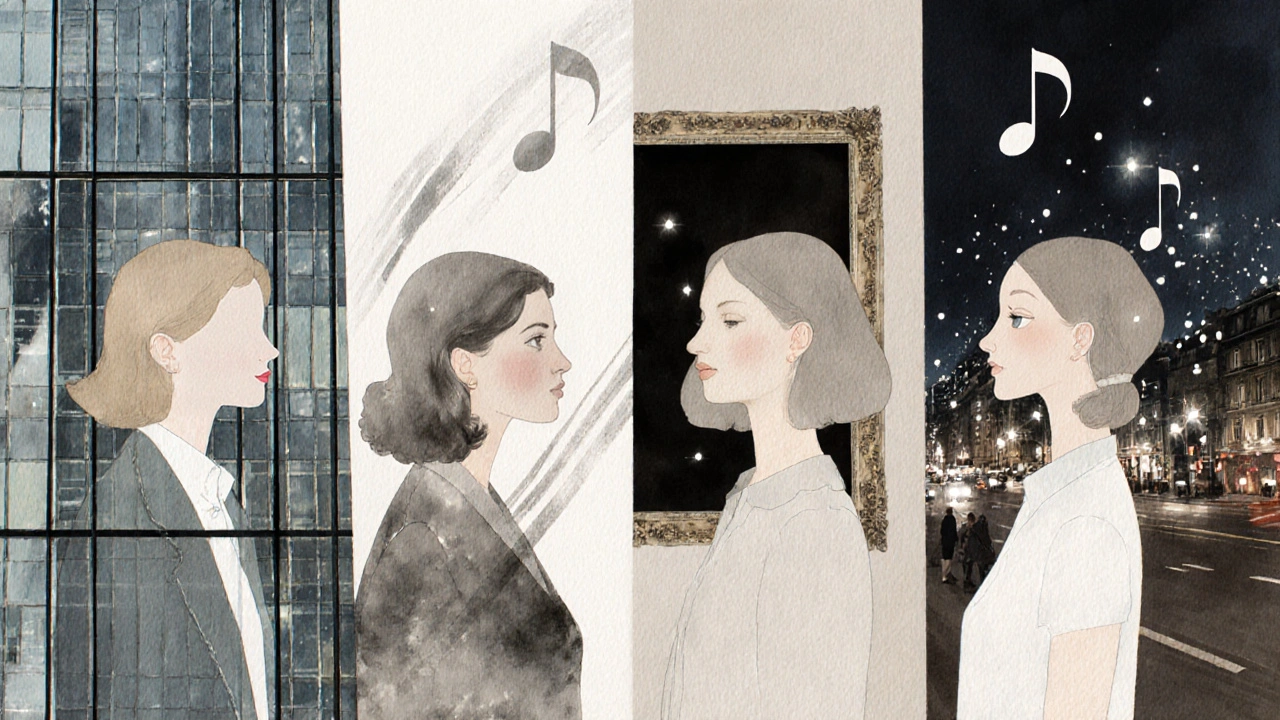 Four abstract female figures blended into Paris 8&#039;s architecture, symbolizing different types of companionship.