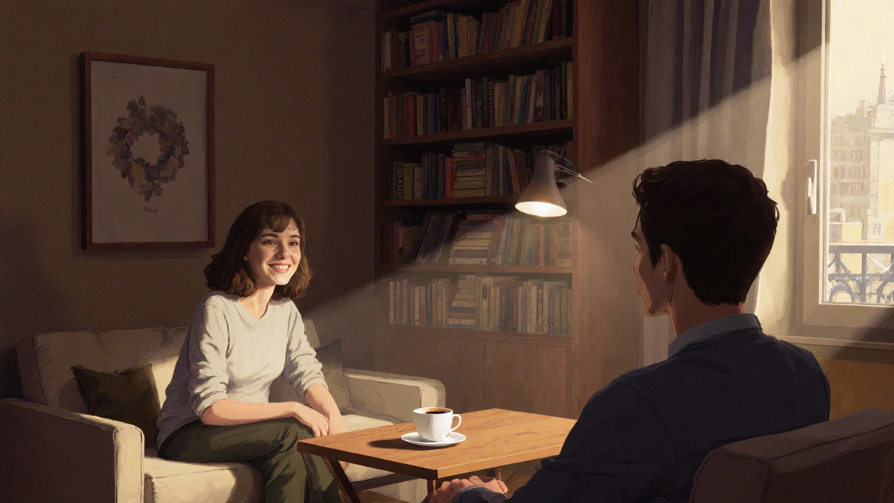 Intimate conversation between two people in a cozy Paris apartment, no physical contact, warm lighting.