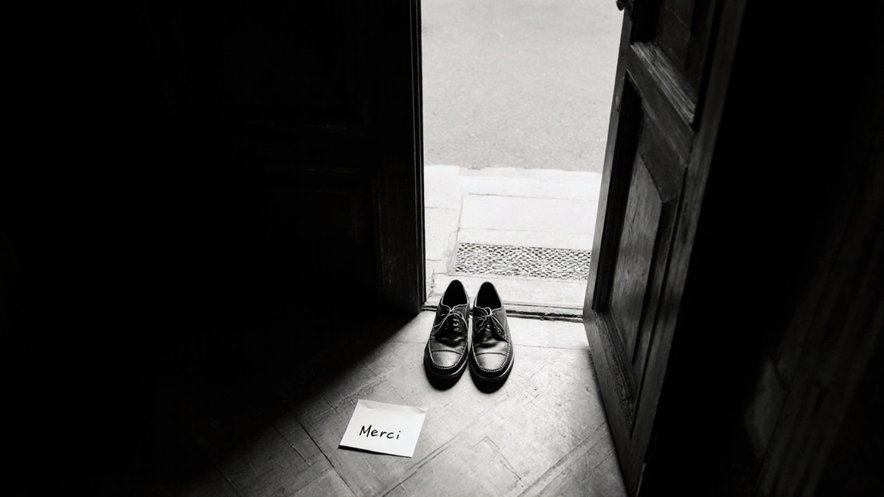 Leather shoes and a folded note lie beside an open door in a quiet Parisian hallway, suggesting a meaningful departure.