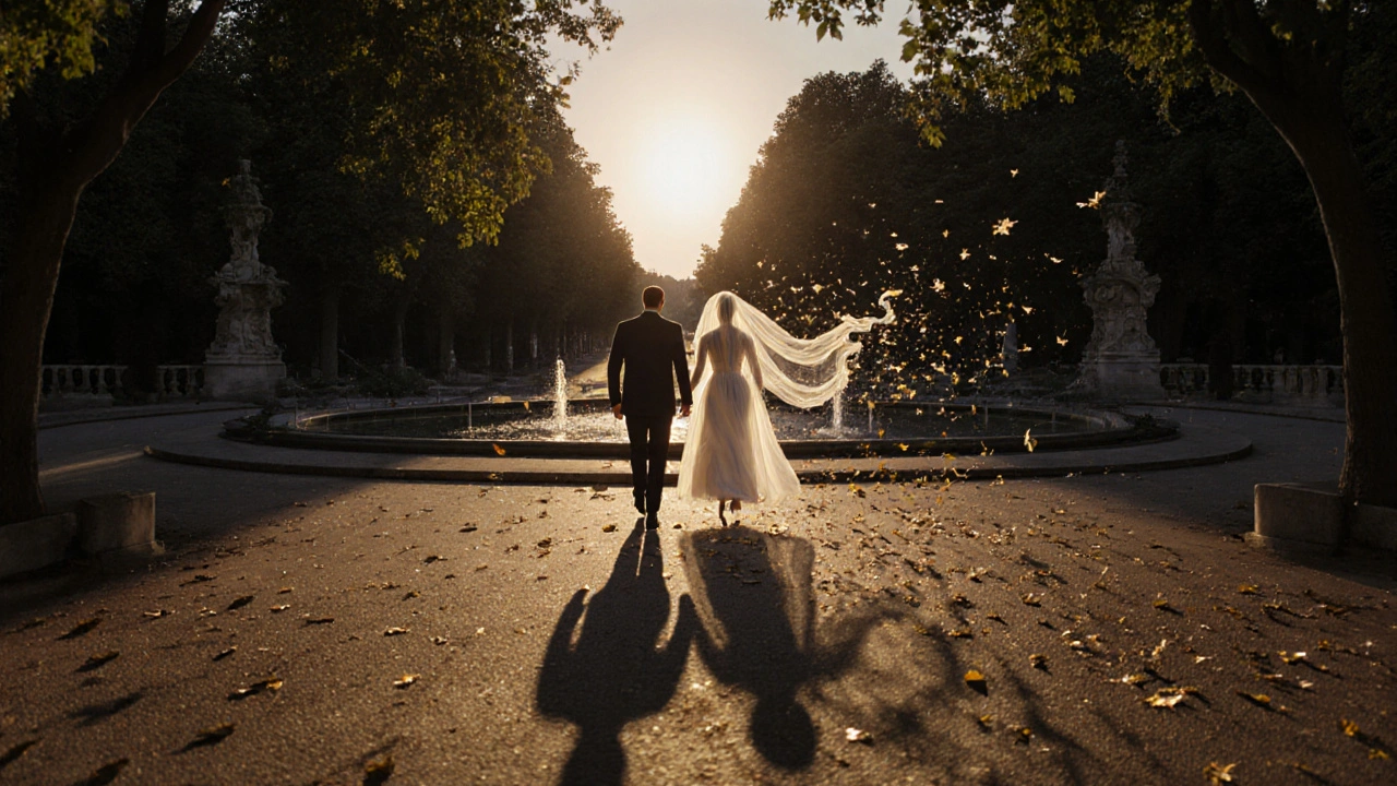 Man walking in Luxembourg Gardens with a translucent companion figure beside his shadow.