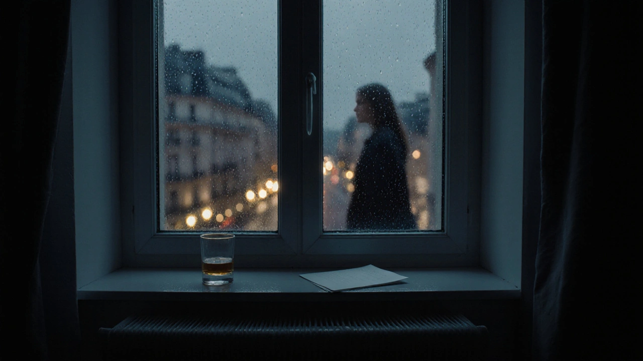 Rain-streaked window at night in a Paris apartment, a glass of whiskey on the sill, a fleeting silhouette passing outside.