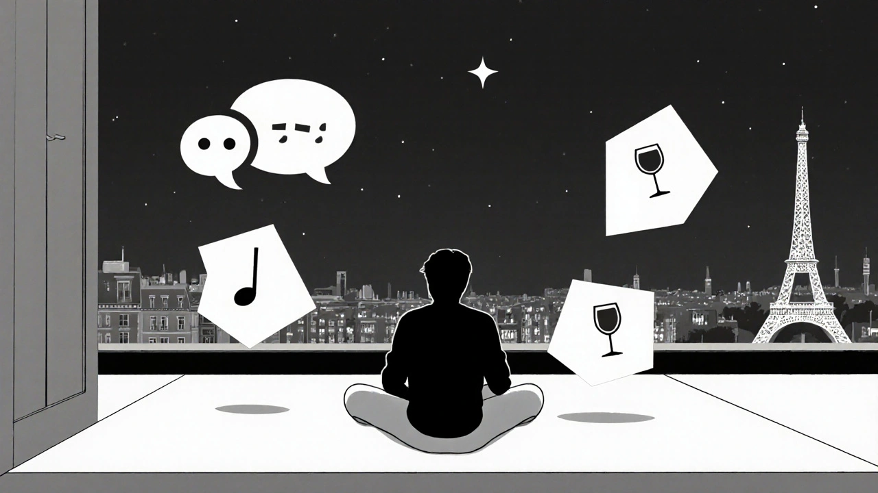 Silhouette on a Paris balcony surrounded by abstract symbols of connection and understanding.