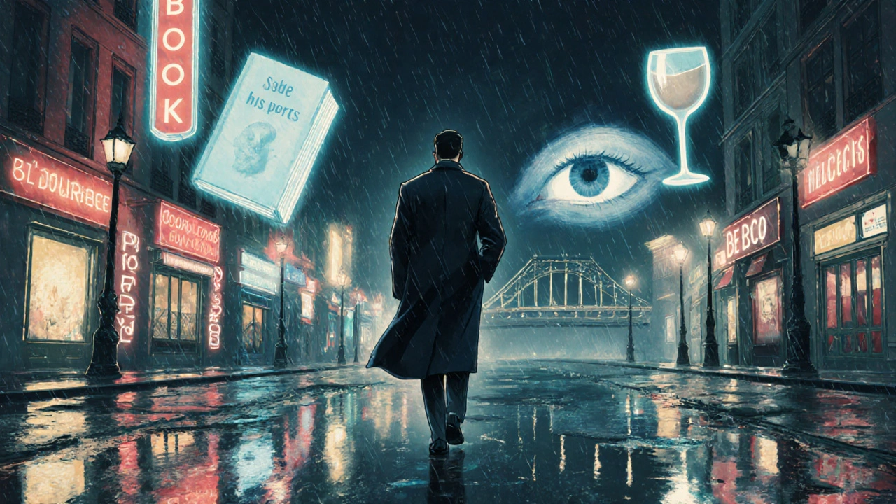 Silhouetted figure walking a rainy Paris boulevard, with ghostly symbols of connection floating behind.