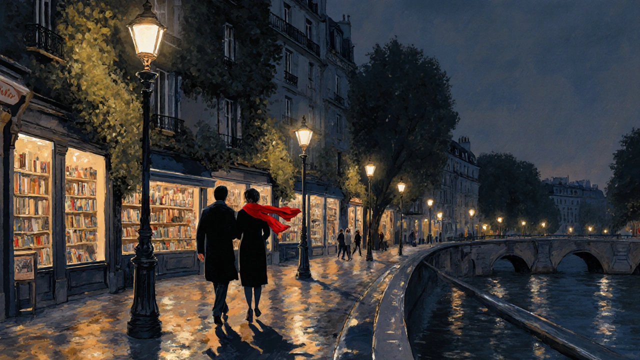 Silhouettes of two people walking peacefully along the Seine at night under vintage streetlamps.
