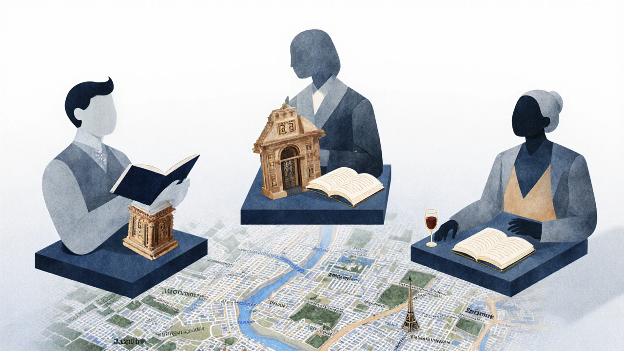 Three abstract figures symbolizing intellectual, cultural, and elegant companionship rise from books, art, and wine.