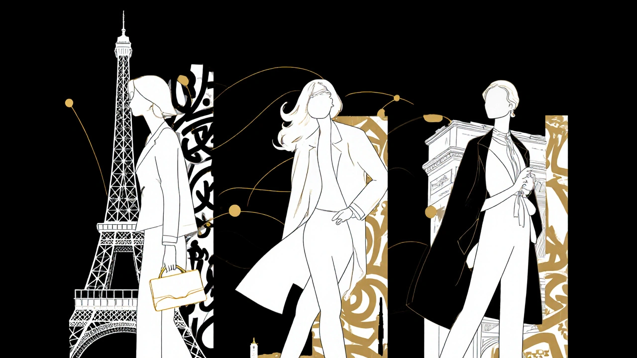 Three elegant female figures symbolizing elite Parisian companions, connected by golden threads to iconic landmarks.