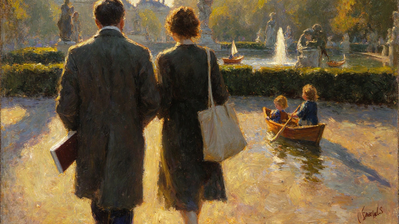 Two figures walk peacefully beside a pond in Luxembourg Gardens, children sailing boats in the distance.