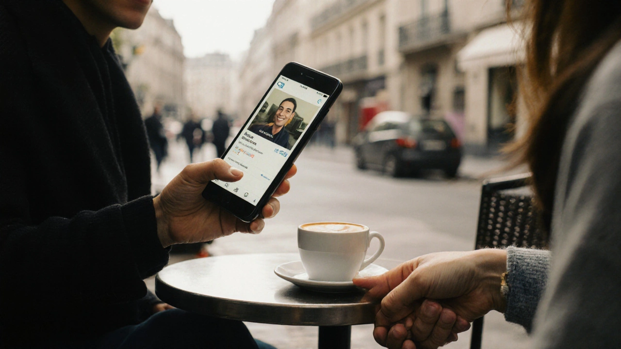 Two hands meeting in a Paris café—one holding a phone with a profile, the other reaching to shake—no faces shown, natural lighting.