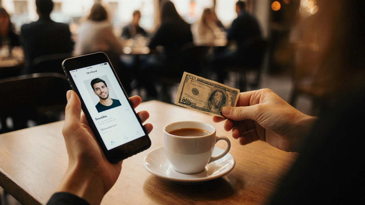 Two hands meeting over a café table, phone showing verified profile and cash placed respectfully.