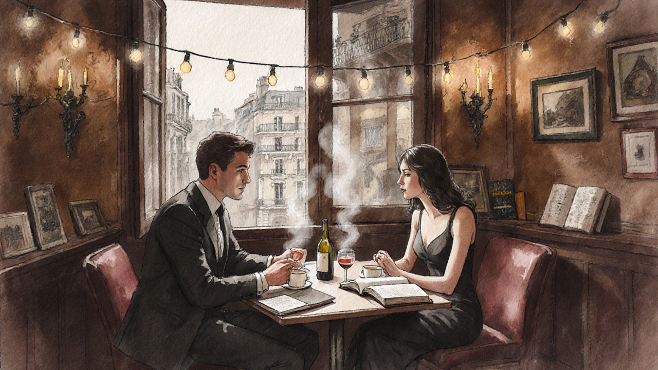 Two people enjoy a quiet dinner in a cozy Parisian café, books and wine between them, candlelight casting a warm glow.