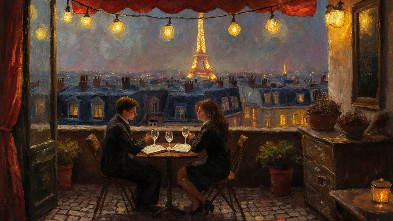 Two people enjoy wine at a hidden rooftop bar in Paris, with the Eiffel Tower glowing softly in the background.